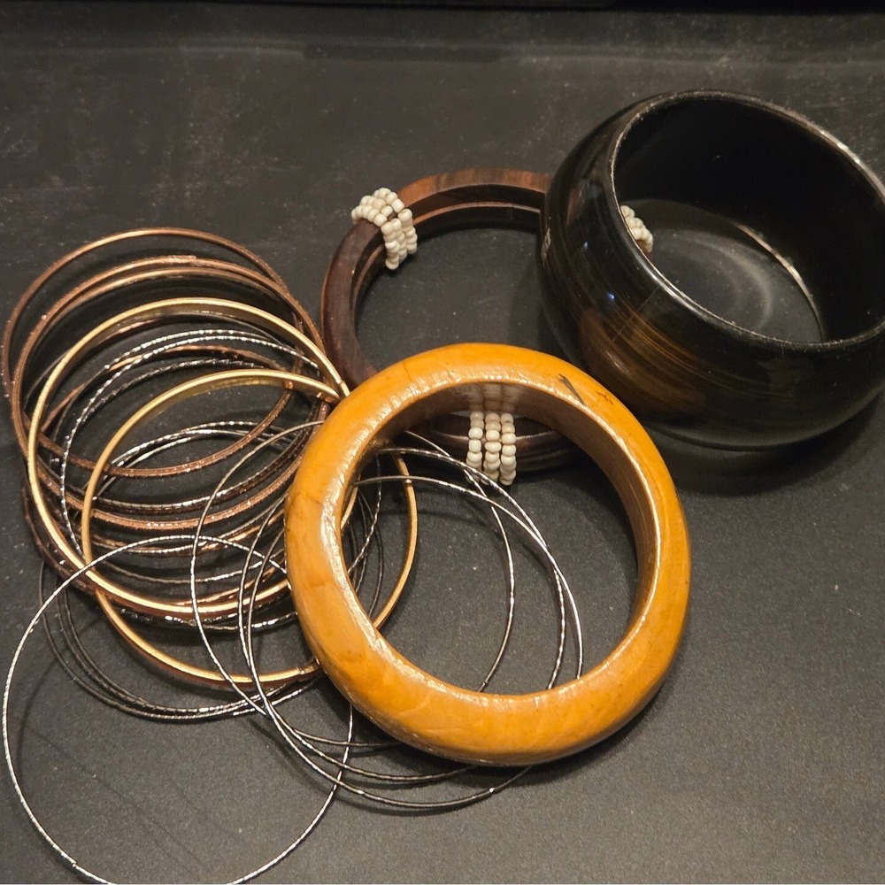 Bangle Bracelet Lot 21 Multicolor Boho Stackable Resin Wood Silver Copper